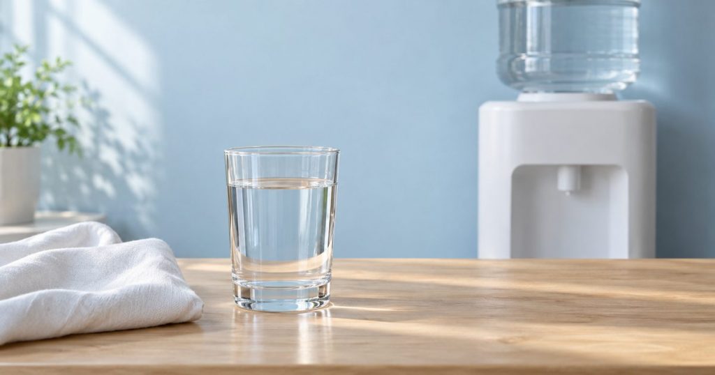 淡い青と白を基調にした清潔な水まわりで、木の天板に水の入った透明なグラスと白い布を置き、背景にロゴも表示もない無地の簡素なサーバーを配した写真風の静物（イメージ）