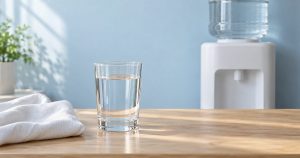 淡い青と白を基調にした清潔な水まわりで、木の天板に水の入った透明なグラスと白い布を置き、背景にロゴも表示もない無地の簡素なサーバーを配した写真風の静物(イメージ)