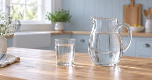 淡い青と白を基調にした静かなキッチンで、木の天板に水の入った透明なガラスのピッチャーとグラスを置き、やわらかな自然光を当てた写真風の静物(イメージ)