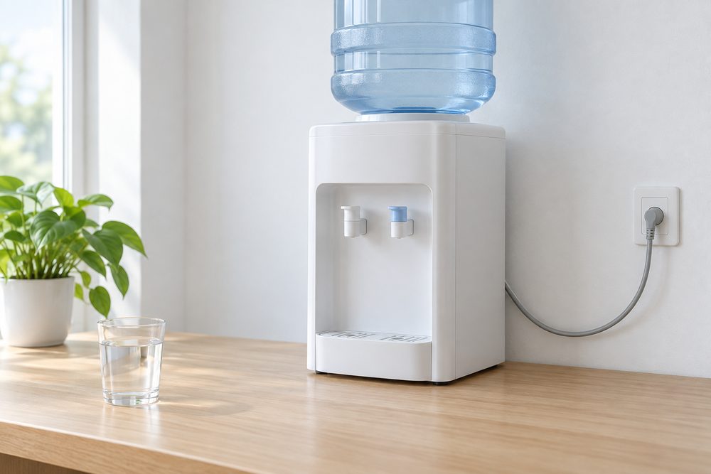 乾いた白い壁のコンセントと、家具に挟まれず余裕を持って届く電源コードを、無地の簡素な白いサーバーの側面とともに写す静物写真（イメージ）