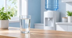 淡い青と白を基調にした静かなキッチンで、木の天板に水を満たした透明なグラスを置き、やわらかな自然光で清潔感のある静物を写す(イメージ)