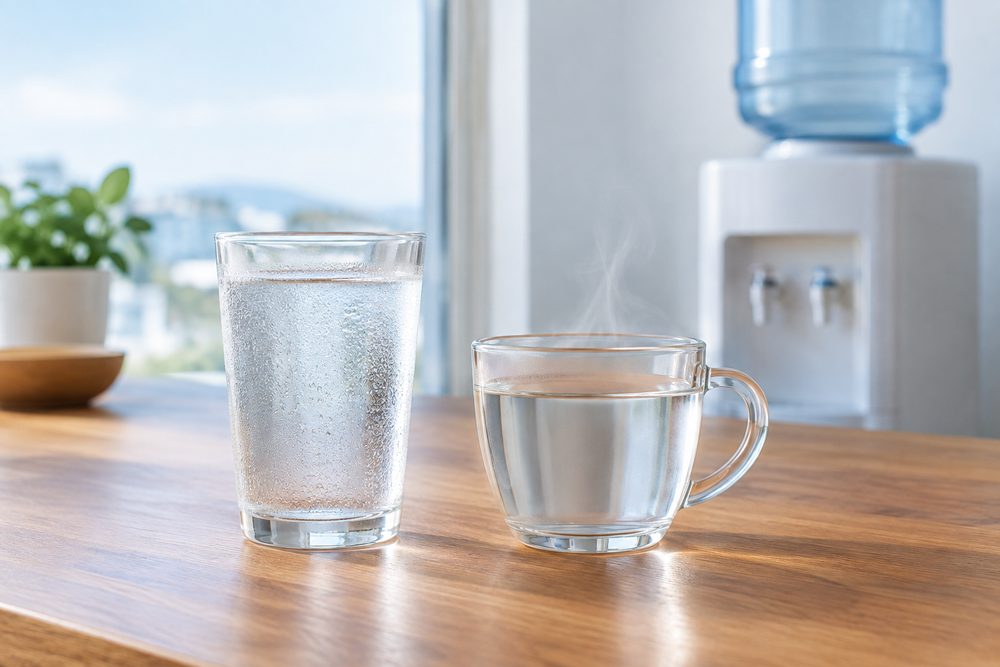 木の天板に、冷たい水の細かな結露がついた透明なグラスと、温かい湯からほのかに湯気が立つ無地の耐熱ガラスのカップを並べ、淡い青と白の背景とやわらかな自然光で静かに写す（イメージ）